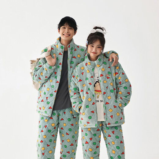 Kissing Cat Crayon Shin-chan co-branded couple pajamas for women winter three-layer quilted men's home clothes can be worn outside, women's M