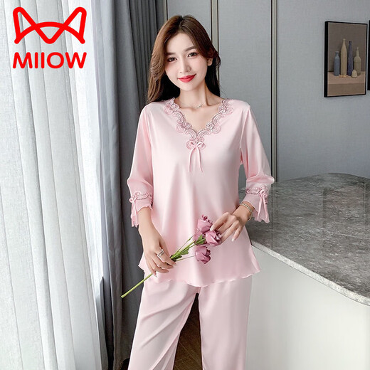猫人（MiiOW）睡衣女夏季长袖长裤冰/丝两件套家居服性感丝绸真丝女士可爱套装 长 袖9856大红套 L 【100-115斤】