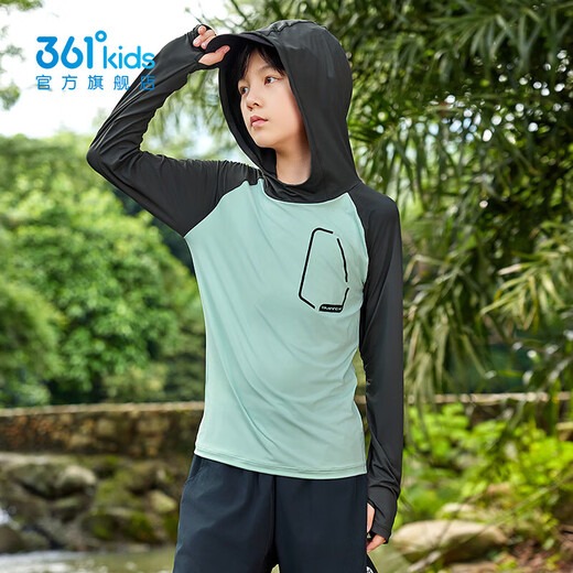 361 Children's clothing boys' hooded long-sleeved sweater 2025 spring new style medium and large children's tops sun protection base layer Hong Kong gray green/gravel gray 170
