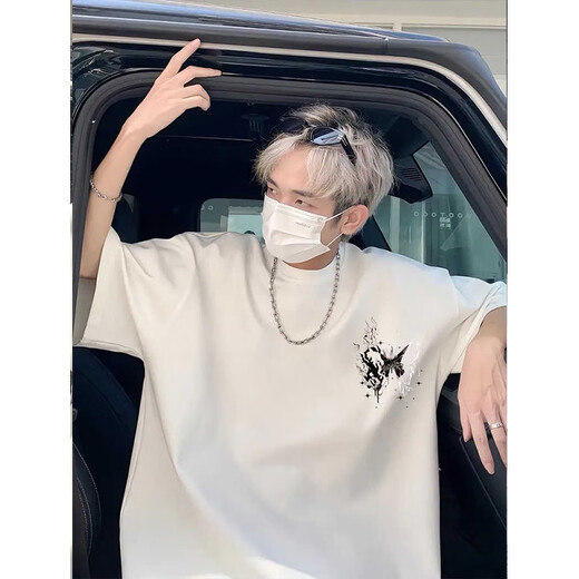 Katuchi trendy brand Pissai high street short-sleeved T-shirt men's summer American retro pure cotton butterfly high-end five-point half-sleeved sleeves White XL