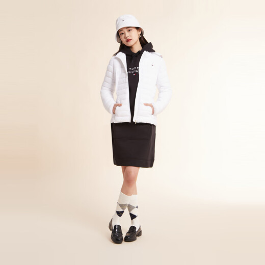 Tommy Hilfiger女绗缝拼色镶边轻暖合身连帽棉服夹克外套MP897 白色OPT XS