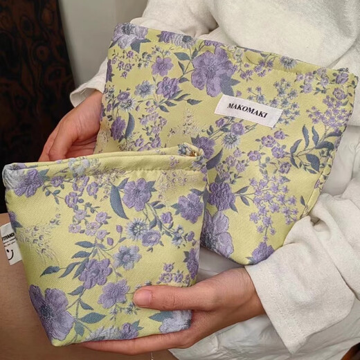 025 new yellow background purple flower niche cosmetic bag portable skin care product collection yellow background purple flower cosmetic bag