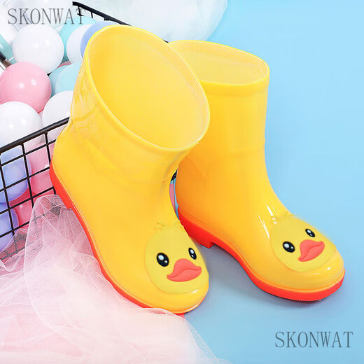Skonwat2-12 Jahre alt plus samtig abnehmbarer Kinderregenstiefel für Männer und Frauen Studenten Anti-Rutsch-Regenstiefel Kindergärten süße Rindfleisch Sehnenboden Wasser Schuhe gelbe Ente [hinzugefügt plus Samt] Größe 34 (innere Länge 20,5 cm)