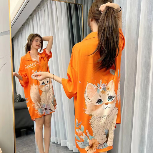 冰丝睡裙女士夏季2025年新款衬衫裙睡衣性高级感高颜值时尚家居服 橘色猫咪719 L 【110-130斤】