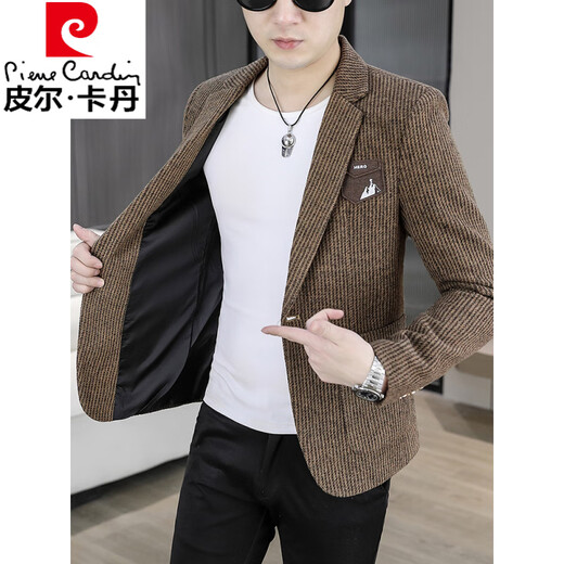 皮尔卡丹（pierre cardin）春秋季2025新款休闲西服男士韩版修身男装上衣单西青年小西装外套 咖啡色 M 90-105斤