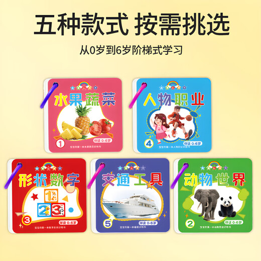 亨给力动物卡片早教认知启蒙书儿童识字宝宝看图识物图幼儿数字益智玩具 4本:动物+人物+交通+数学[360面]