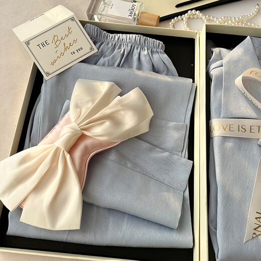 亚慕兰送妈妈闺蜜女朋友三八节礼盒装生日礼物女士睡衣春秋款冰丝家居服 非礼盒-【送眼罩】6623浅蓝 M