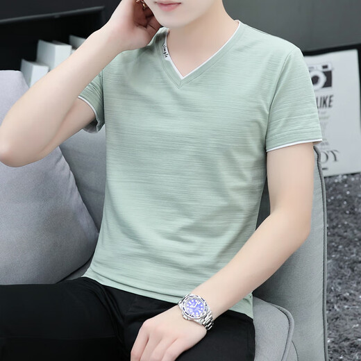 El fabricante de Vanke Eslite Batches una camiseta de manga corta de algodón puro color puro color puro de color puro para hombres con cuello en V de gran tamaño, azul y gris con cuello en V de gran tamaño, modelo 691 M. M M 90-115Jin [Jin equivale a 0.5 kg]