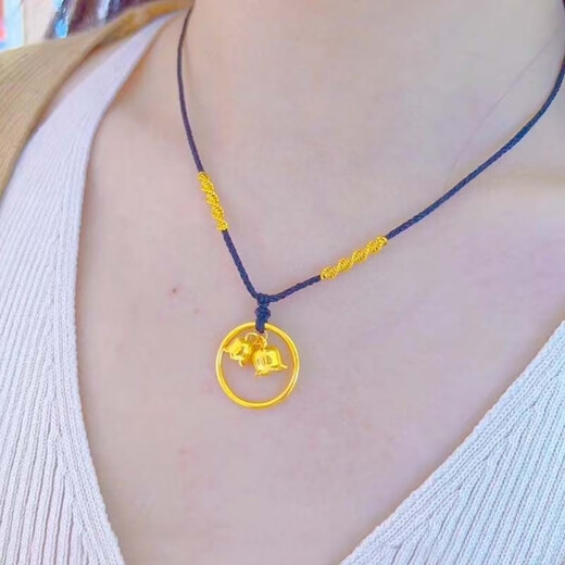 GRAYCEWODY Old Phoenix 999 gold lily of the valley flower pendant for women new simple plain circle peace buckle woven black rope clavicle necklace gold lily of the valley flower pendant for women new simple plain circle