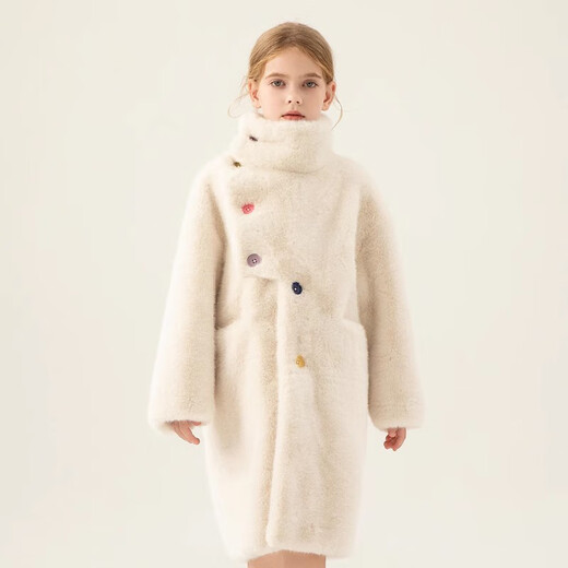 
Yuanyouling Light Luxury Fur Coat 2024 Autumn and Winter Girl Imitation Minky Fur Little Girl Fur Coat Medium-length Off-white Rainbow Button Minky Sweater 120