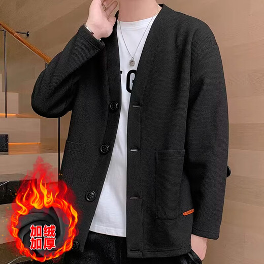 LEEREDPOI秋冬季夹克男士开衫外套V领休闲小西装华夫格纯色简约单西上衣服 白色 XL 约130-150斤可穿
