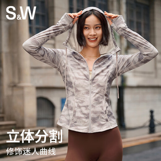 S&W Sports Jacket Women's Autumn Warm Printed Hooded Sports Fitness Yoga Wear Cycling Clothing Top Women Dark Black S