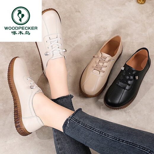 Specht Frühling und Herbst weiche echte Leder-Kuh Sehne Sohle kleine Lederschuhe für Frauen bequeme weiche Sohle nicht rutschfeste Schnürschnüre mittlere und ältere Mutter Casual Schuhe 7373 Beige [Single] 35