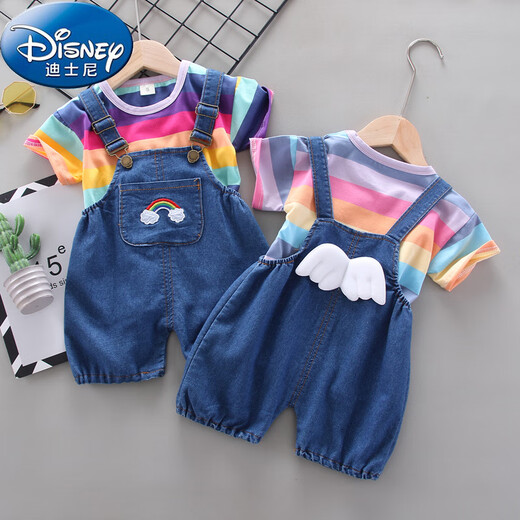 迪士尼（Disney）女童夏季洋气短袖套装婴幼儿童夏装时髦宝宝牛仔背带短裤两件套潮 短袖小毛球白色 90 cm建议1-2周岁