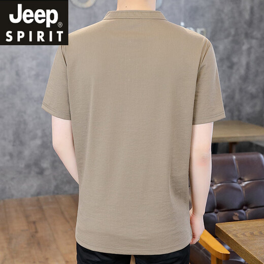 JEEP SPIRIT吉普立领短袖t恤男薄款棉麻透气复古休闲半截袖男士2025新款有领 62372米色 3XL