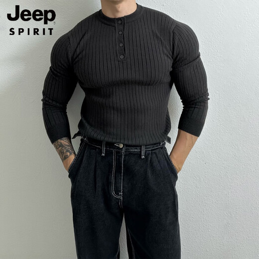 JEEP SPIRIT Henry collar long-sleeved sweater men's spring new American high-end muscular men's fitness all-match slim T-shirt brown M 100Jin Jin is equal to 0.5 kg within
