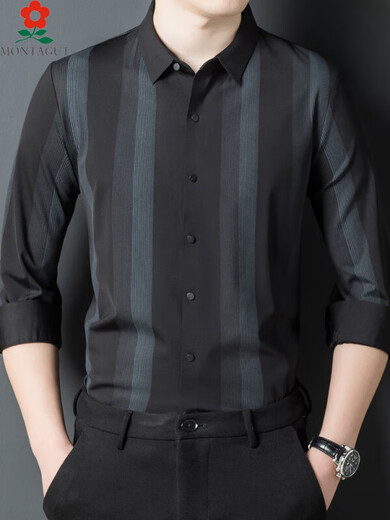 Mengtejiao men's mulberry silk long-sleeved shirt spring middle-aged business casual striped non-iron shirt 9922-purple red one size 165/M suitable for 100-115Jin [Jin equals 0.5 kg]