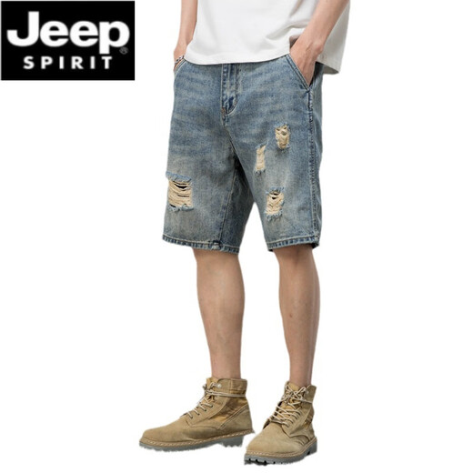 JEEP SPIRIT美式休闲复古乞丐破洞牛仔短裤男宽松潮流痞帅五分裤夏季薄款中裤 719蓝色 33 150-160斤