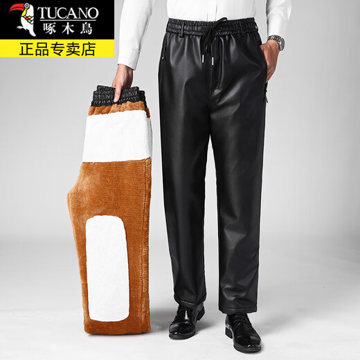 Woodpecker (TUCANO) Winter Leather Pants Men's Velvet Thickened Takeaway Cycling Driving Windproof and Waterproof Leather Pants Loose Warm Cotton Pants Men 2107 Black Velvet 4XL Approximately 2'8-2'9 Waist