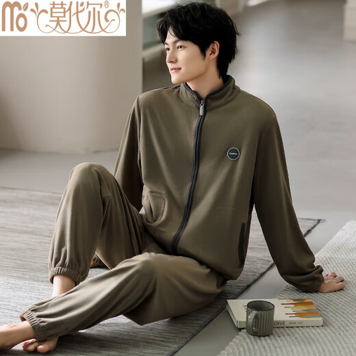 Modal Herren Pyjamas Herren Winter Island Velvet plus Samt verdickte Herbst- und Winter-große kühle Hauskleidung für Winter LJF: 9731 Grau English Icon Island Velvet Open L [kein Haarausfall/No Fading]