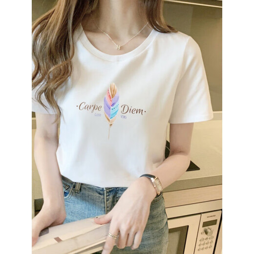 Pingedi new cotton high-end short-sleeved T-shirt women's loose and versatile fashionable printed white T-shirt summer 2025 new top Z-9793 white XL (recommended 120-135Jin [Jin equals 0.5 kg])