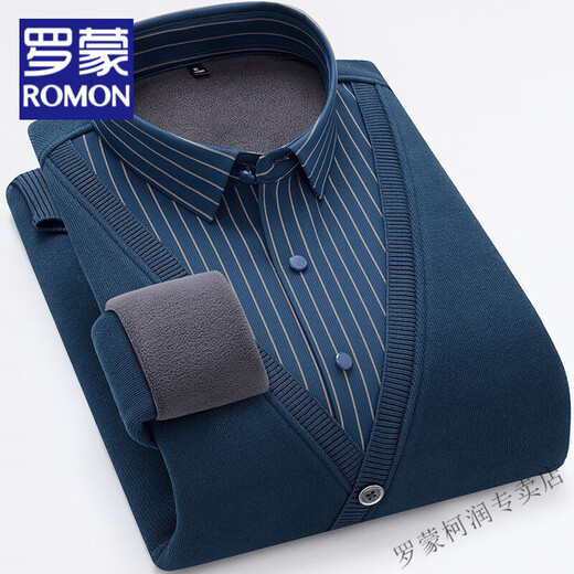 Romon Winter New Velvet verdickter Pullover-Pullover für die langärmlige Herren-Hemdkragen mit mittlerem Alter gefälschter zweiteiler Jugendpullover 01 Dark Blue XL