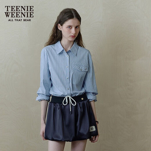 
Teenie Weenie Bear Women's Shirt 2025 Autumn New Simple Casual Commuter Solid Color Striped Shirt Blue M