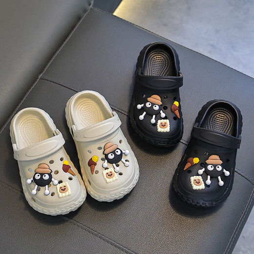 Candy astringent summer new style of children's cute boys and girls' stomping on shit feel anti-slip hole shoes, non-slip inside and outside, two-wear parent-child slippers, black size 34/35 (shoe length 22CM
