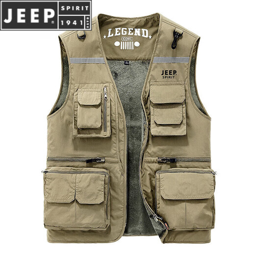 JEEP SPIRIT vest men's autumn and winter retro workwear vest vest outdoor fishing plus velvet sleeveless jacket for men 693 light gray L