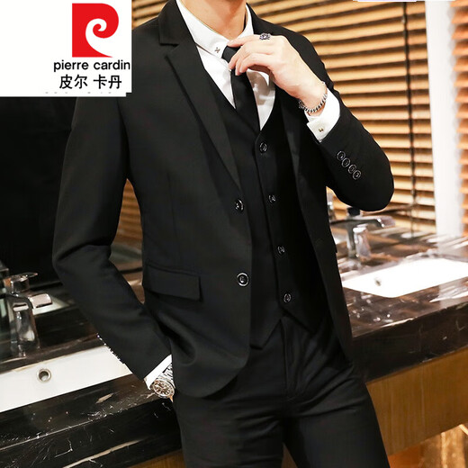 Pierre Cardin Men's Korean Slim Suit Three-piece Groom Wedding Dress Formal Casual Plaid Small Suit Plaid Blue Two-piece Set (Top and Pants) Free Belt 4XL 35 (155-162Jin Jin is equal to 0.5kg)