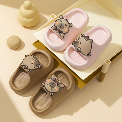 Miaoyoutong children's slippers boys and girls soft-soled indoor poop-feeling slippers baby non-slip bathing bathroom slippers summer Capibala/dark brown 15.5 (24-25 yards) inner length about 15.5cm