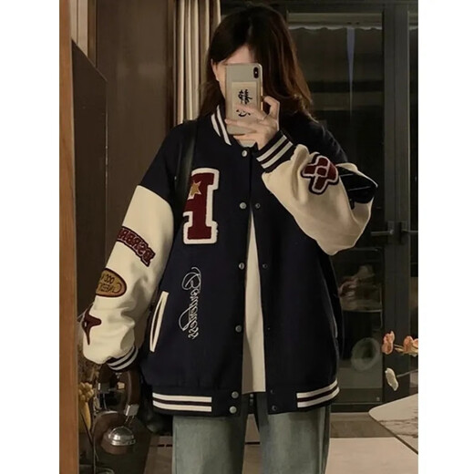POUM American retro baseball uniform jacket men and women same style design niche casual loose teenager jacket top TM-W733 navy blue 3XL