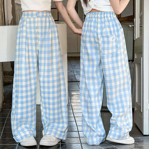
OVE girls wide-leg pants spring and autumn 2025 new children's pants spring and summer sports pants large children's girls' blue plaid pants 15266 blue + 15276 meters white 120 cm