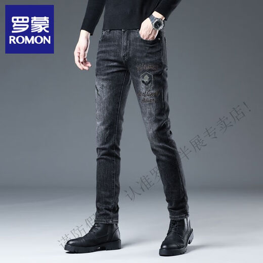 Romon-Männer-gestickte High-End-Jeans European Trendy Marke Slim-sitzende Hosen OPD-831H Rauchgrau 28 2 Fuß 1