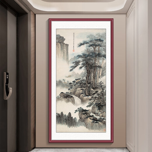 Manyu green silk ink painting landscape painting entrance door facing the entrance hall decorative painting corridor aisle wall mural vertical hanging painting without punching GB109 Huang Junbi-Smoke Valley Cloud Mountain Picture 53*103cm red walnut wood grain aluminum frame + flash silver cloth