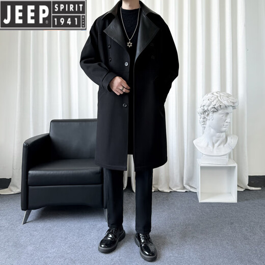 JEEP SPIRIT windbreaker men's mid-length coat 2025 new spring and autumn high-end woolen coat trendy British handsome men's clothing black 2XL