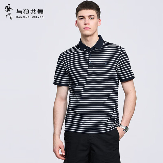 
Dancing with Wolves [with mulberry silk] striped lapel short-sleeved T-shirt for men 2025 summer new casual breathable Polo shirt 6196 dark blue 102 L (175)