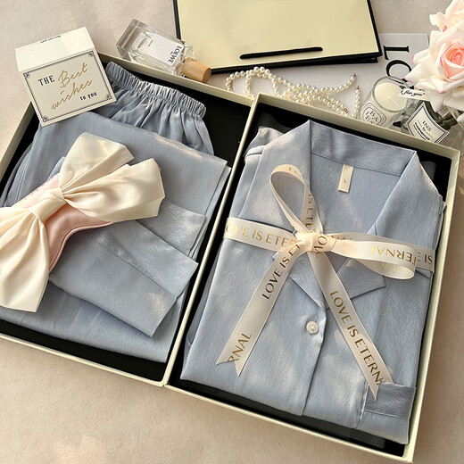 亚慕兰送妈妈闺蜜女朋友三八节礼盒装生日礼物女士睡衣春秋款冰丝家居服 非礼盒-【送眼罩】6623浅蓝 M