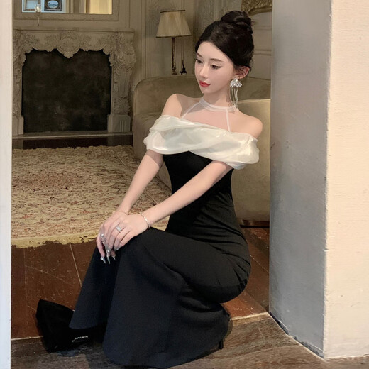 忆静萱（YIJINGXUAN）夜店港味感拼接网纱宴会礼服长裙高腰显身材法式鱼尾包臀连衣裙女 拼色 M 95-105斤