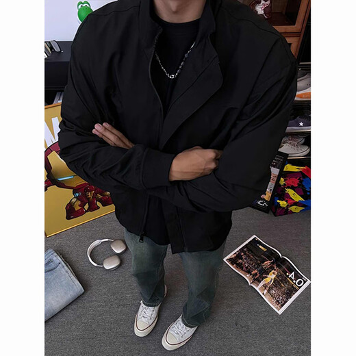 POUM美式教练夹克外套男秋冬款软壳冲锋上衣立领cleanfit飞行员棒球服 CLH-Y6629黑色 L