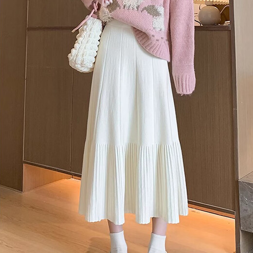 Little Elephant White Knitted Skirt Autumn and Winter 2025 New Pleated Skirt Skirt Winter Skirt A-Line Skirt Long Skirt for Short People Soft and Glutinous Pleated Knitted A-Line Skirt One Size