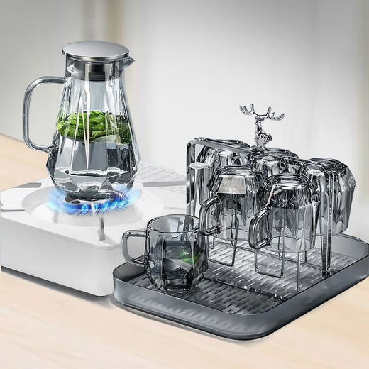 Cup set for home living room high-end high temperature resistant diamond advanced teapot glass cup living room kettle cup amber 1 pot + 6 cups + cup holder + tray default