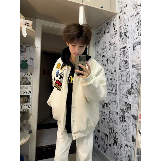 Katuchi American high street badge letter embroidered baseball uniform men's spring and autumn trendy brand loose high street bomber jacket white XL