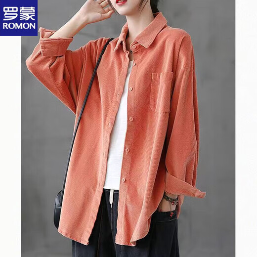 ROMON 2026 Literary Retro Corduroy Long Sleeve Shirt Women's Outerwear Versatile Casual Shirt New Autumn Velvet Top Pink M Recommended 90-110Jin Jin equals 0.5 kg