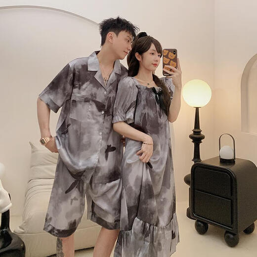 浪莎情侣夏季冰丝睡衣短袖大码感家居服 KAD13077 M 女+男L