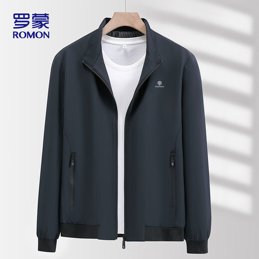 
ROMON Jacket Men's Spring and Autumn Jacket Solid Color Stand Collar Versatile Executive Business Casual Men's Clothing ii6 Dark Blue 3XL