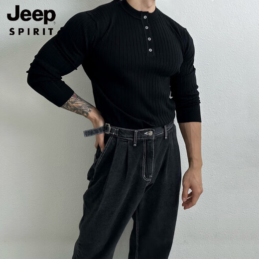 JEEP SPIRIT Henry collar long-sleeved sweater men's spring new American high-end muscular men's fitness all-match slim T-shirt brown M 100Jin Jin is equal to 0.5 kg within