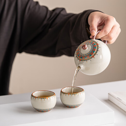 Touching as porcelain Dunhuang Cultural and Creative Ru Kiln Kung Fu Tea Set Teapot Gift Box as a Birthday Gift for Elders as a Business Accompanying Gift Baoxianghua-Jiangshan Picturesque Teapot Gift Box 3 Pieces as a Retirement Souvenir for the Elderly as a New Year's Practical Gift