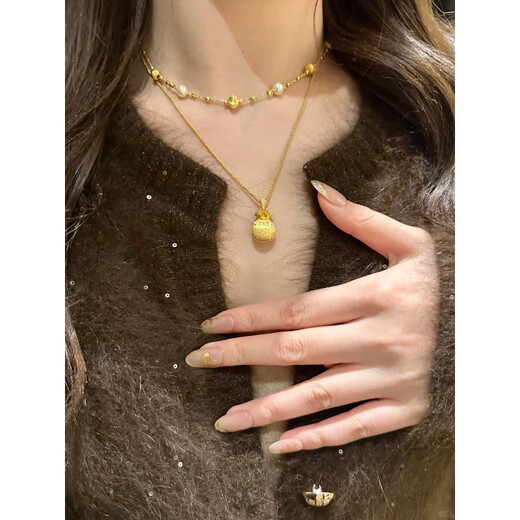 QUAMER old phoenix gold store model to attract wealth, gold money bag, brushed texture, lucky bag pendant necklace, women's new country, dotted diamond golden lucky bag + Chopard chain