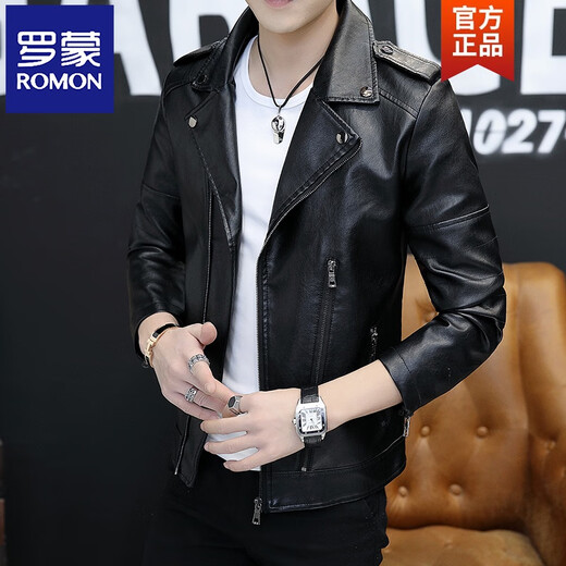 ROMON Leather Men's Jacket 2026 New Spring Trend Slim and Handsome Spring Autumn Winter Motorcycle Jacket Plus Velvet Leather Jacket Black 8921 M